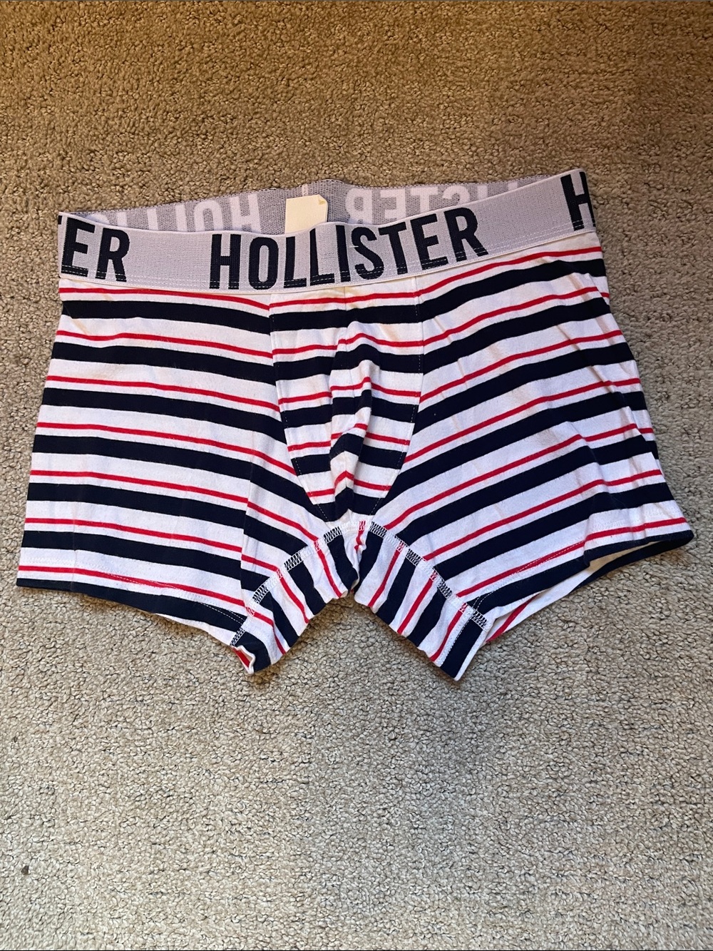 Hollister Men's Navy, White & Red Striped Boxer Briefs